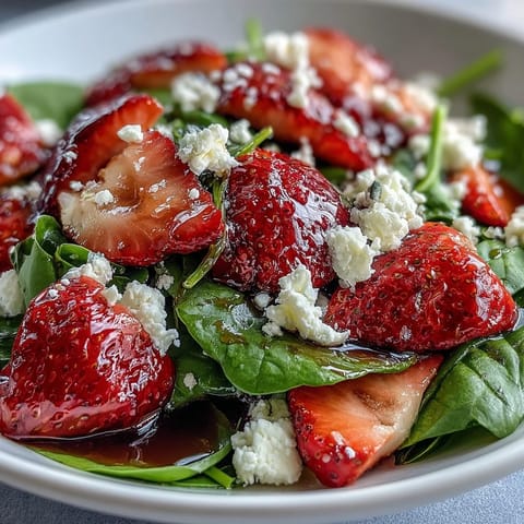 Vibrant spring salad with baby spinach, fresh strawberries, goat cheese, and candied pecans, drizzled with balsamic vinaigrette.