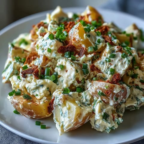 Creamy Classic Deviled Egg Potato Salad with tender potatoes and tangy mustard dressing, garnished with smoked paprika and fresh chives.
