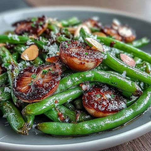 Vibrant green beans roasted with golden garlic slices, finished with a bright lemon zest for a savory side dish.