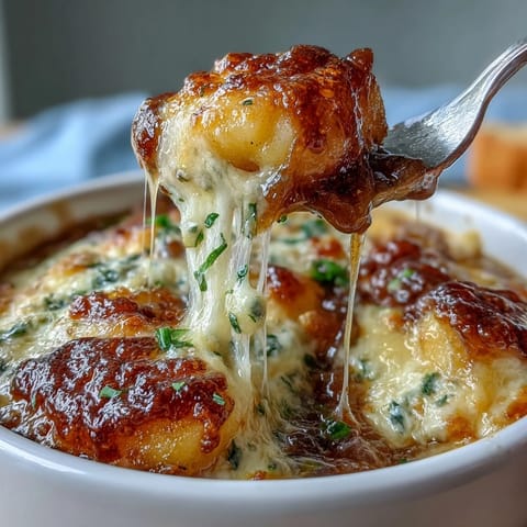 1. Bowl of Gnocchi French Onion Soup topped with golden melted Gruyère cheese and crusty baguette slices.