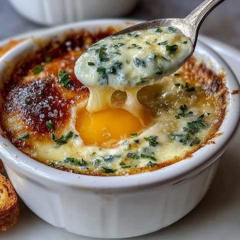 Elegant Easter Eggs en Cocotte baked in creamy herb custard, topped with parmesan and fresh chives for a festive brunch.