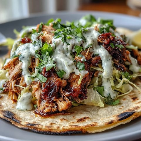 Roasted Chicken Cabbage Tacos with zesty lemon crema and fresh cilantro on warm tortillas.