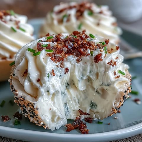 Savory cream cheese deviled eggs topped with everything bagel seasoning, ready to eat.