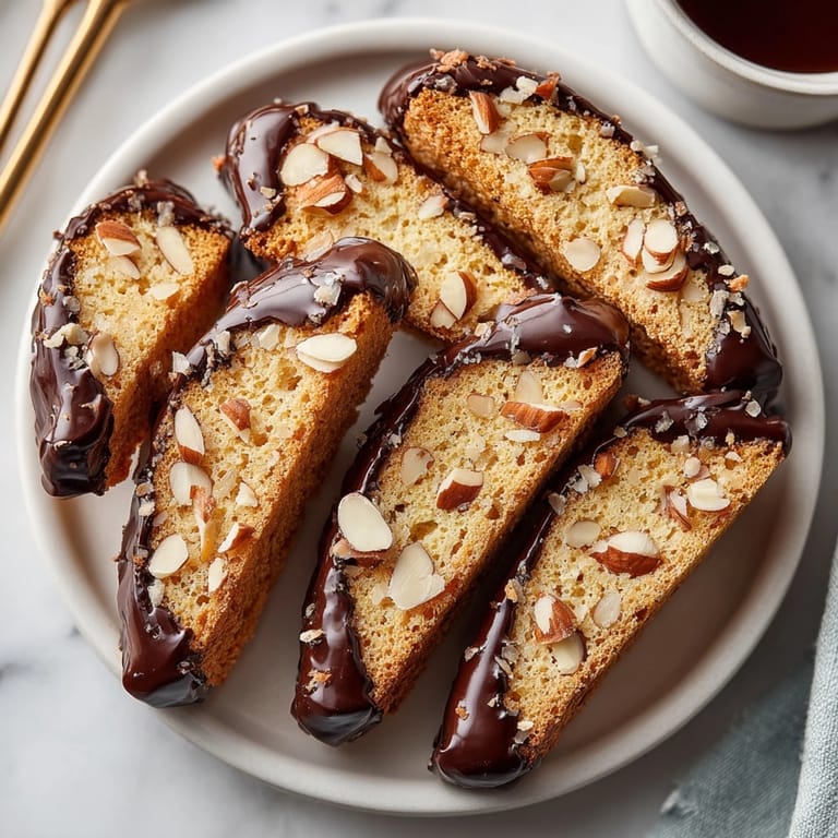 Freshly baked chocolate dipped almond biscotti cooling on parchment, chocolate glistening alongside toasted almonds.