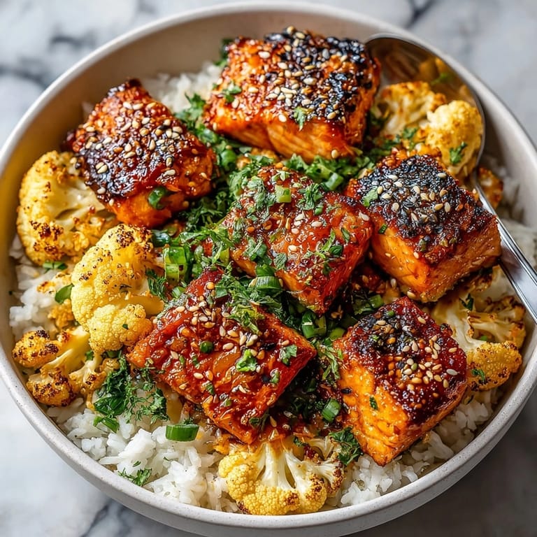 Close-up of Sriracha Honey Salmon Bowls showing caramelized salmon pieces, bright cilantro, and fluffy white rice.