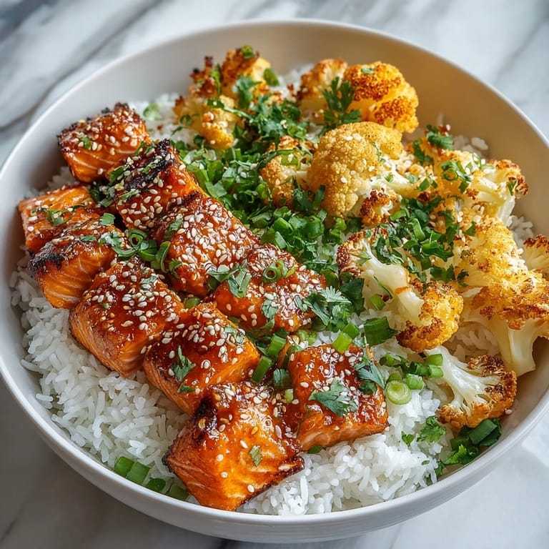 Hearty Sriracha Honey Salmon Bowls served hot with golden roasted cauliflower and green onion garnish.