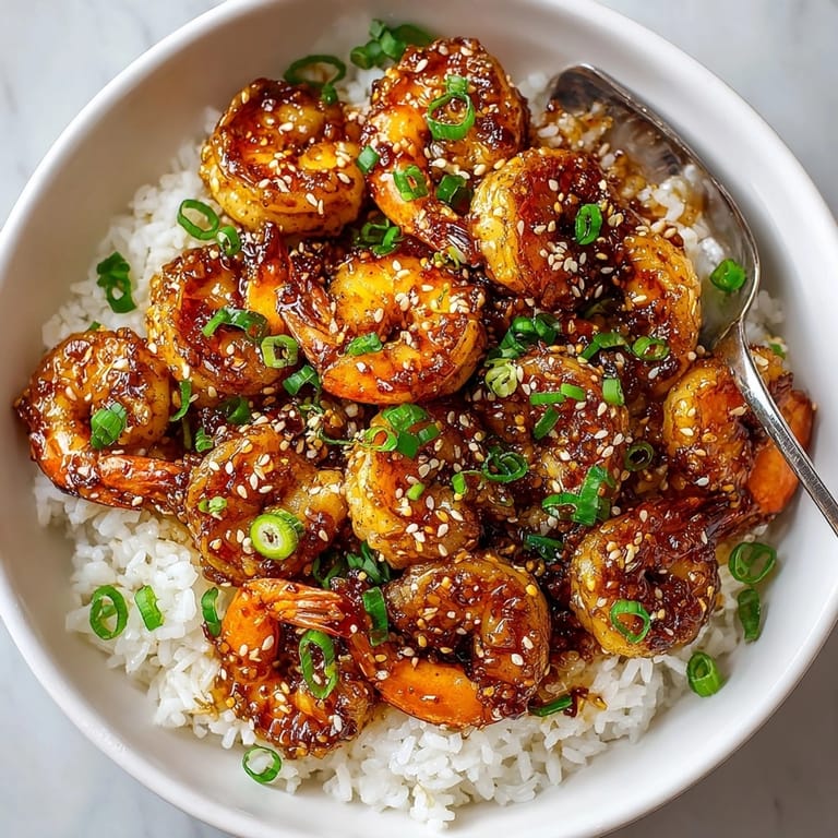 Succulent 20 Minute Honey Garlic Shrimp, garnished with green onions and paired with steamy rice bowls.