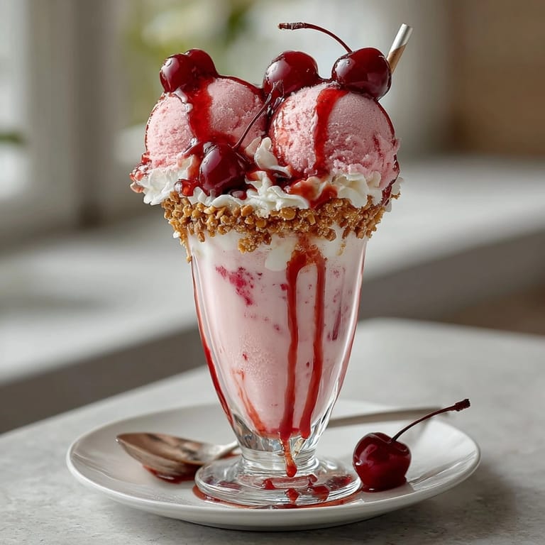 Refreshing Cherry-Coded Sparkling Cider Float, topped with maraschino cherries and rimmed with salty, sweet pretzels.
