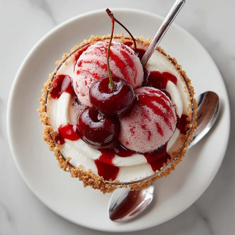 Cold and bubbly Cherry-Coded Sparkling Cider Float, showcasing cherry sorbet and a festive pretzel crust.