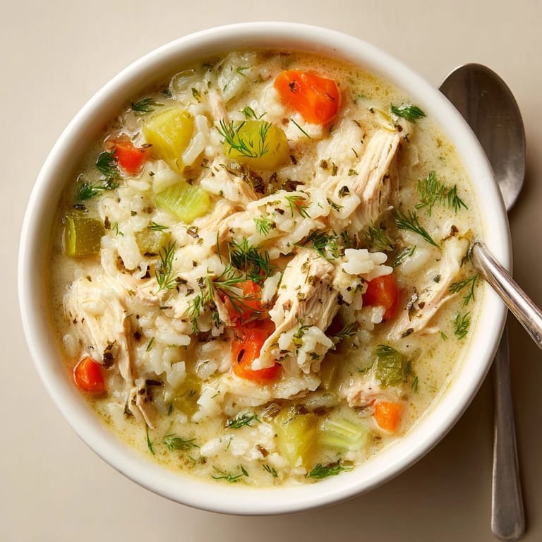 A steaming bowl of Dill Pickle Chicken & Rice Chowder, garnished with fresh dill, looks delicious.