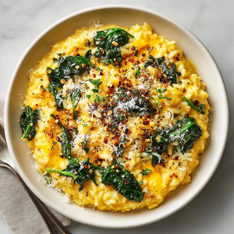 Freshly cooked One-Pot Pumpkin Parmesan Orzo with spinach, sprinkled with extra Parmesan for serving.