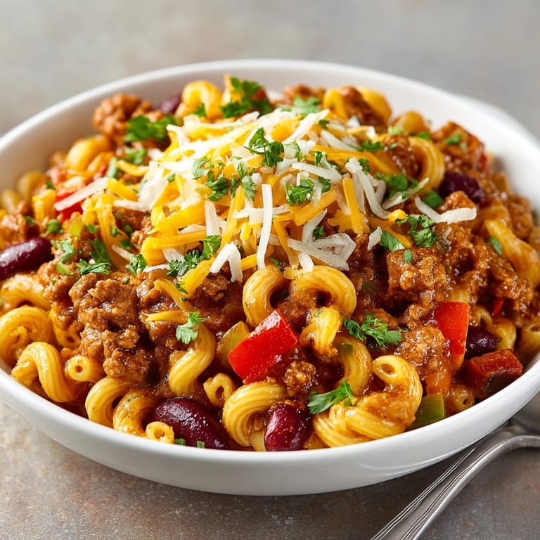 A close-up showing the vibrant colors of the hearty One-Pot Cranberry Turkey Chili Mac ready to serve.
