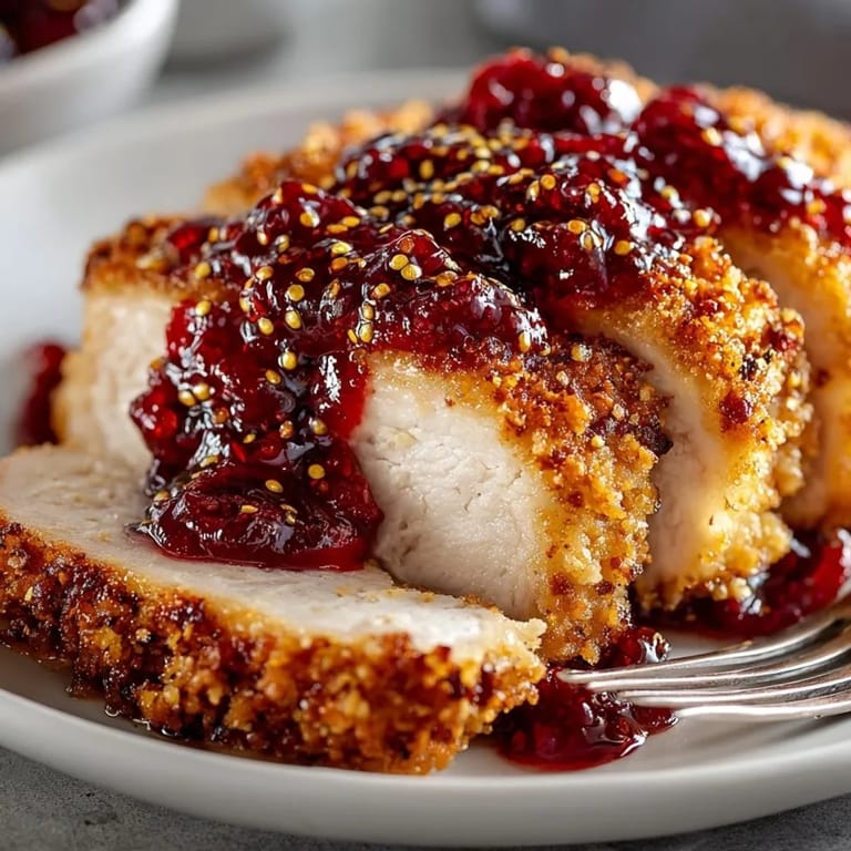 Crispy pretzel crust coats the baked chicken, contrasted by a vibrant, tangy cherry mustard sauce, perfect for dinner.