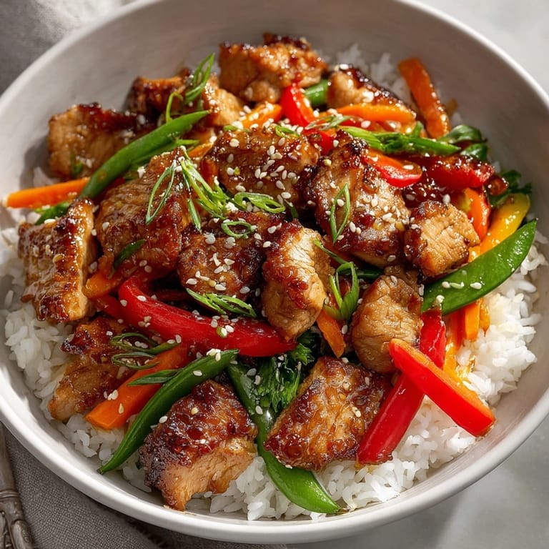 Vibrant close-up of Cream Soda Teriyaki Chicken Rice Bowls with tender chicken and colorful vegetables.