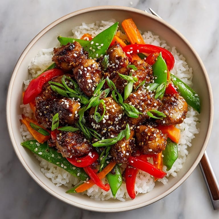Fluffy rice topped with golden Cream Soda Teriyaki Chicken, garnished for a perfect bowl.