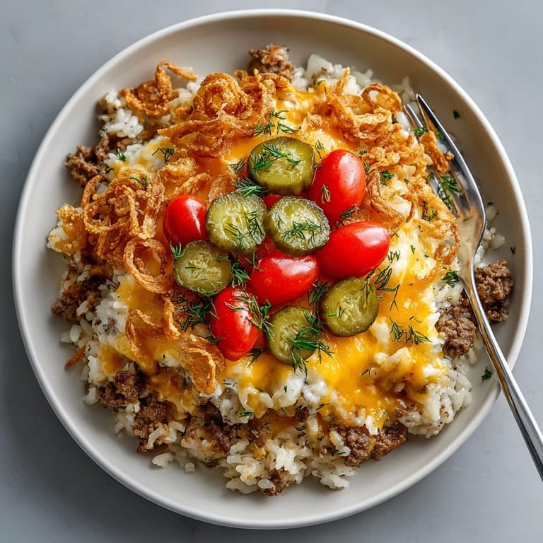 Imagine a delicious Crispy Onion Cheeseburger Rice Bake, piled high with crispy onions and savory flavors.