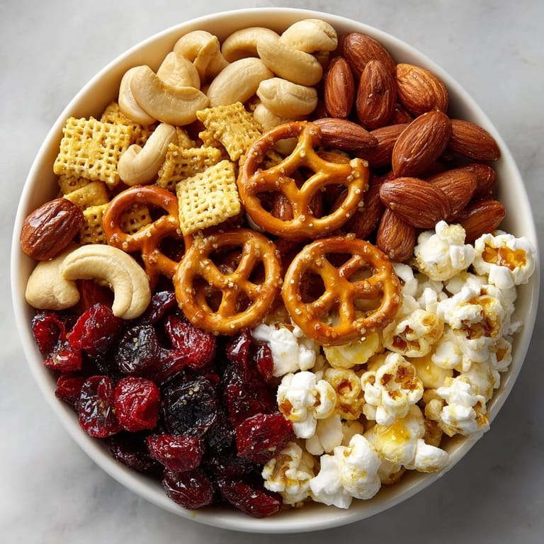 Delectable bowl of Cherry Hot Honey Pretzel Snack Mix filled with pretzel twists and dried cherries.