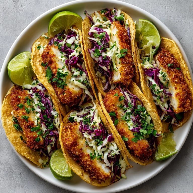 Delectable Crunchy Panko Fish Tacos: crispy fish nestled with cool, crunchy pickle slaw; ideal dinner.