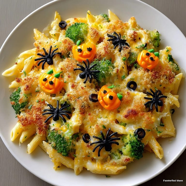 Serving a steaming bowl of Halloween Cheesy Broccoli Pasta Bake: a comforting family dinner delight.