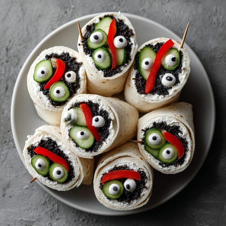 A close-up of several Spooky Black Olive Tapenade Wraps, with a colorful, festive presentation.