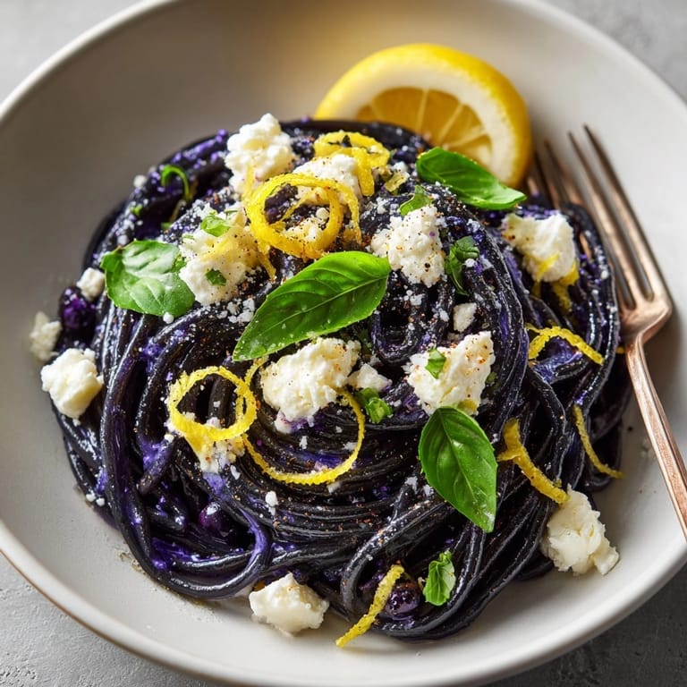 Vivid blue "Glow in the Dark" Halloween Blueberry Pasta, garnished with feta and basil leaves ready to eat.