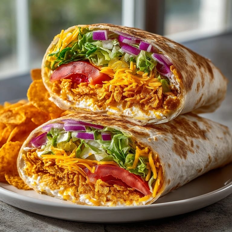 A close-up of a Dill Pickle Crunch Wrap showing a delicious, crunchy bite with pickles.