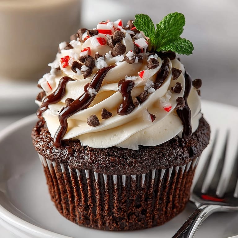 A close-up of homemade Peppermint Mocha Cupcakes showing the moist chocolate cake base and swirled frosting.