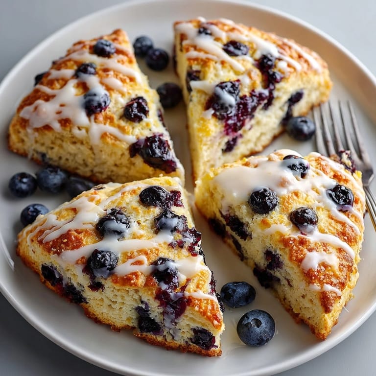 A close-up view of warm blueberry lemon scones with fresh blueberries, perfect for brunch.
