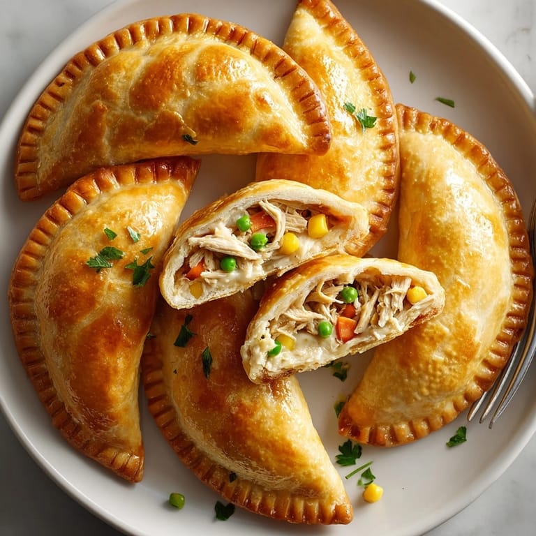 Crispy, handheld Chicken Pot Pie Empanadas showcase a perfect blend of comfort food flavors, ideal for any meal.