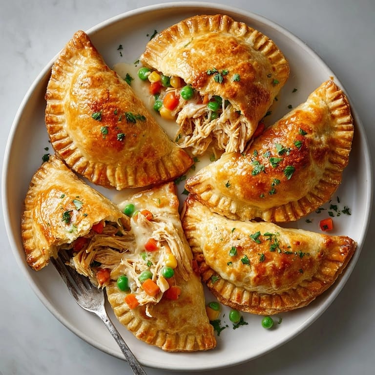 Imagine the warm, savory Chicken Pot Pie Empanadas; beautifully golden, with a delicious, creamy filling inside.
