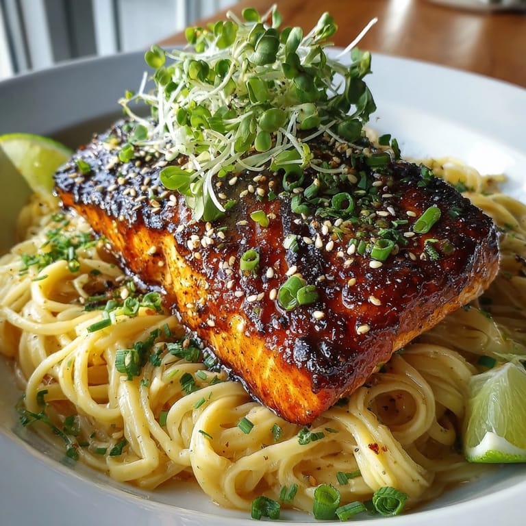 Glazed Honey Sriracha Salmon Pasta, featuring tender salmon resting on a bed of creamy linguine.