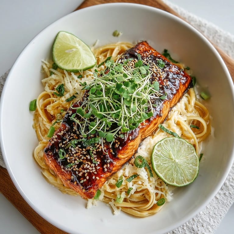 Flavorsome Honey Sriracha Salmon Pasta plated; microgreens and sesame seeds add delicious texture.