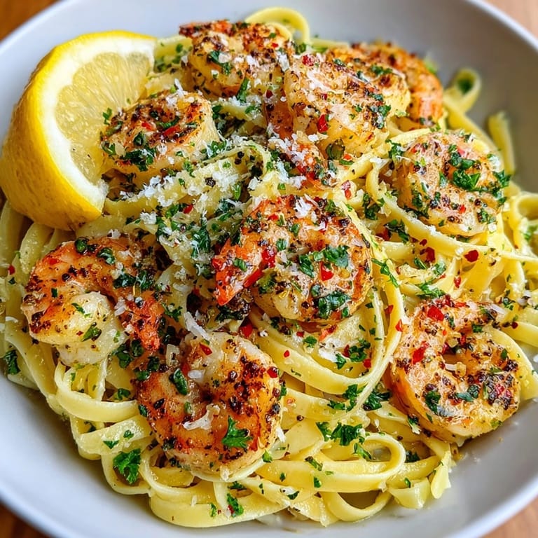 Close-up of shrimp and garlic pasta glistening in olive oil, ready for an elegant dinner.