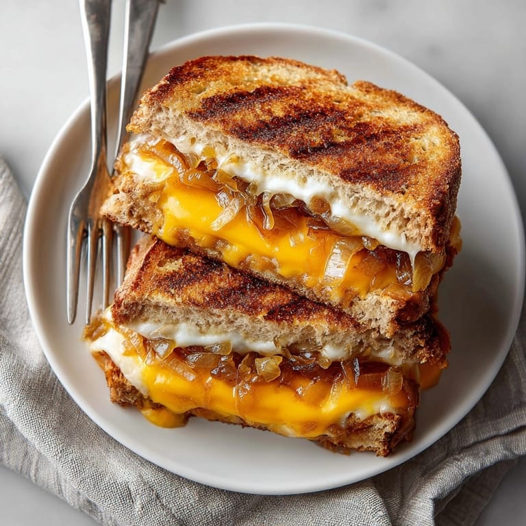 Gooey grilled cheese with caramelized onions on rustic bread, fresh from the skillet and ready to enjoy.