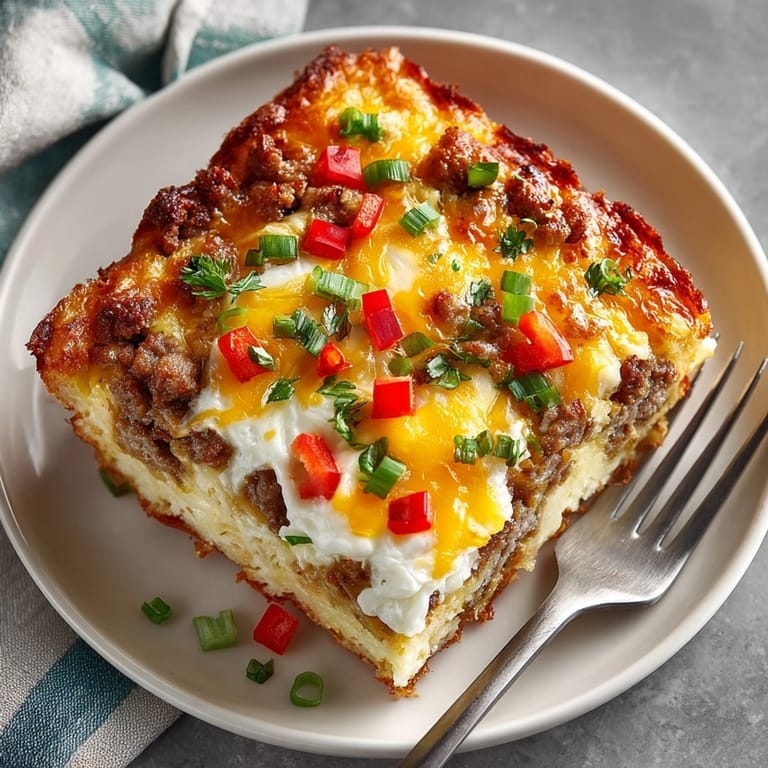 Breakfast Casserole with Hash Browns layered with eggs, sausage, and bell peppers, fresh from the oven.