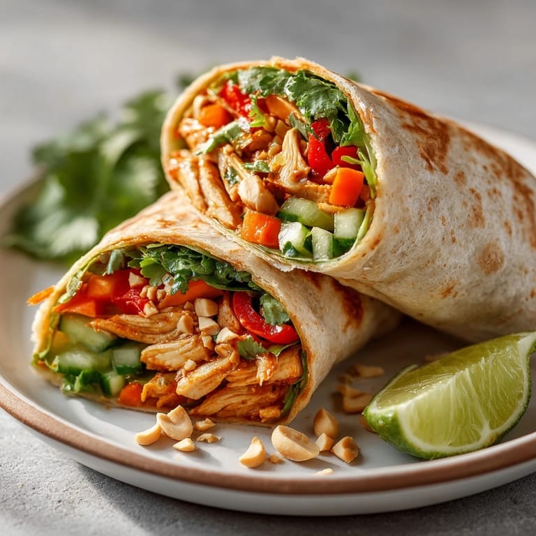 Thai Curry Chicken Wraps sliced and served with lime wedges and fresh cilantro garnish