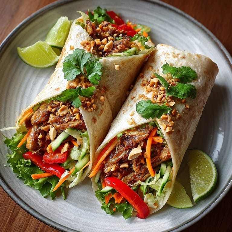 Freshly made Thai Curry Chicken Wraps on a plate, highlighting juicy chicken and vibrant veggies