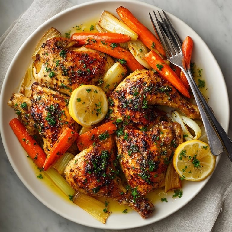 Whole Garlic Herb Roasted Chicken resting on a bed of vegetables, ready for a hearty family dinner