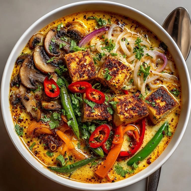 Thai Curry Coconut Soup simmering with colorful vegetables, tofu, and rich coconut broth.