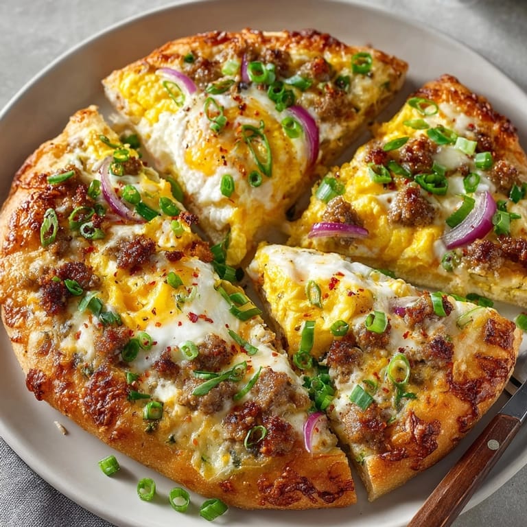 Freshly baked breakfast pizza with scrambled eggs and cheese, garnished with chives and peppers.