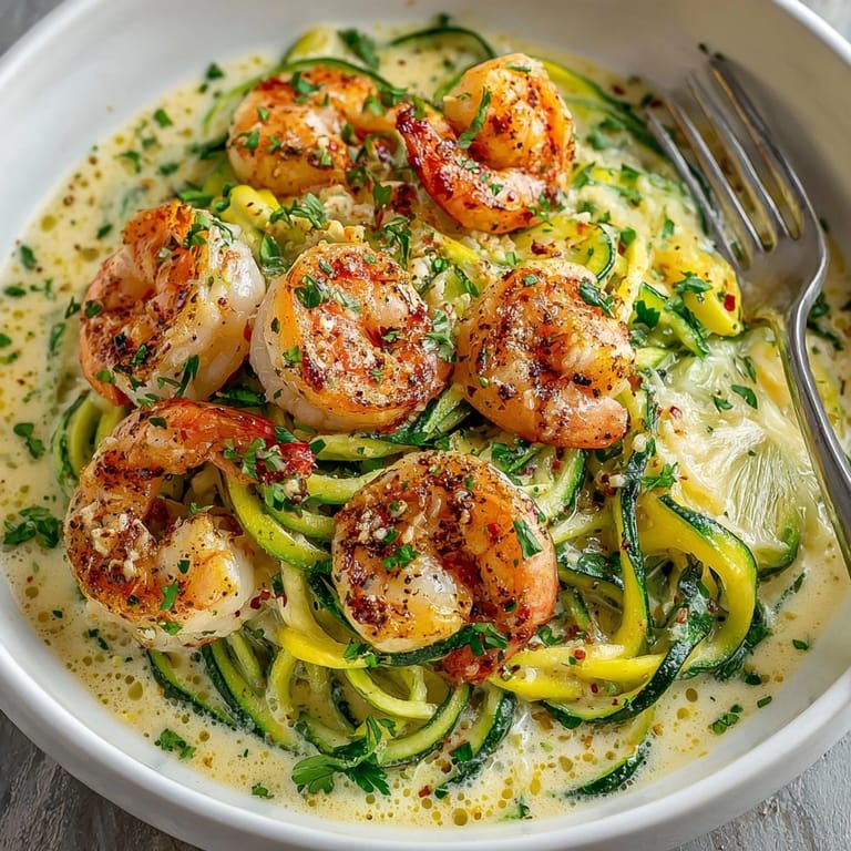 Shrimp Alfredo zucchini noodles in a rich sauce, garnished with herbs for a light, gluten-free meal.