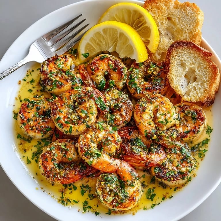 Close-up of One-Pan Garlic Shrimp glistening in garlicky sauce, ready for a quick Mediterranean dinner.