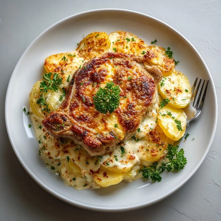 Hearty smothered pork chop and scalloped potato casserole in a rustic casserole dish, perfect for family dinners.