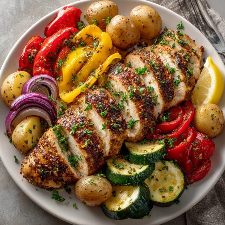 Juicy Cajun Garlic Chicken Sheet Pan Dinner served hot, vegetables vibrant and caramelized around chicken