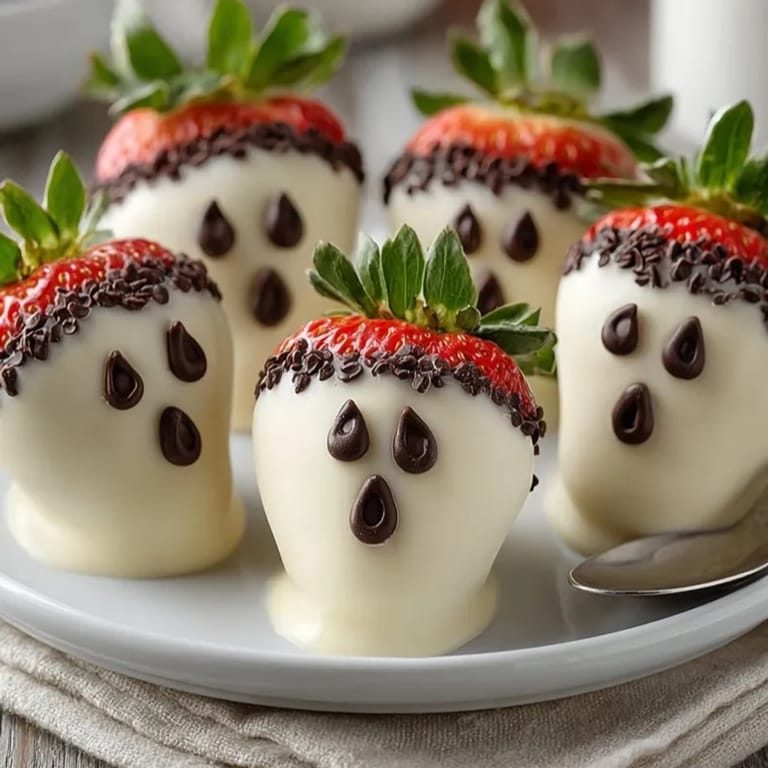 Easy white chocolate ghost strawberries recipe: dipped in white chocolate, set on baking sheet.