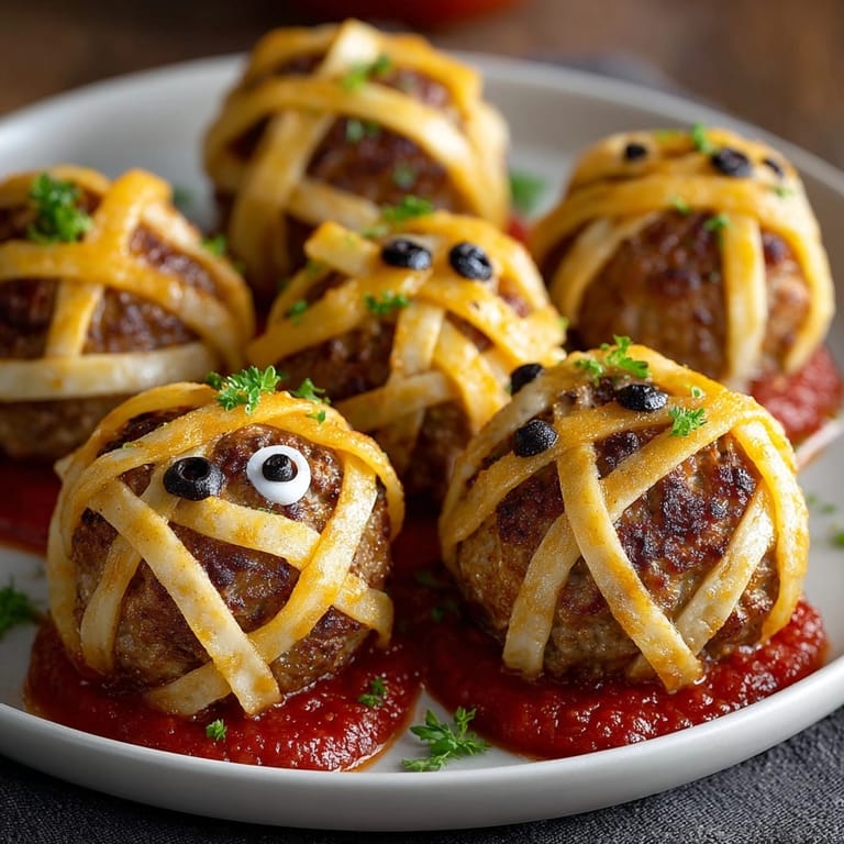 Festive mummy meatballs recipe, pasta bandages baked in marinara, cute Halloween appetizer idea.