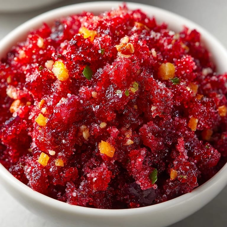 Freshly made Cranberry Orange Relish, diced and colorful, tastes sweet and tangy on the spoon.