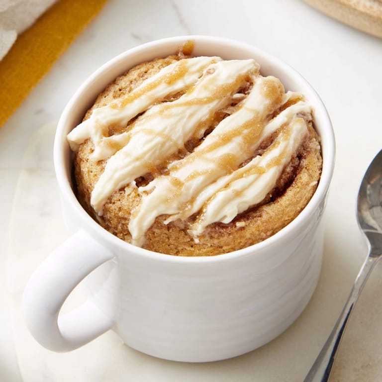 Easy single-serving Protein Cinnamon Roll Mug Cake, baked quickly in the microwave, steaming slightly.