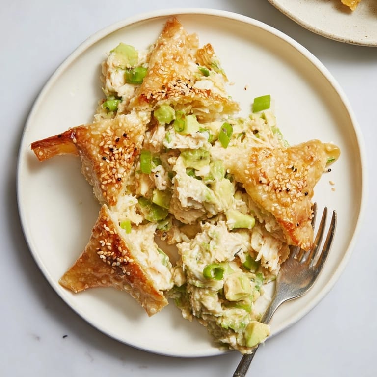 Making Avocado Crab Rangoon Bake: Crab, avocado, cheeses, crispy wontons, cooking in U.S. oven.