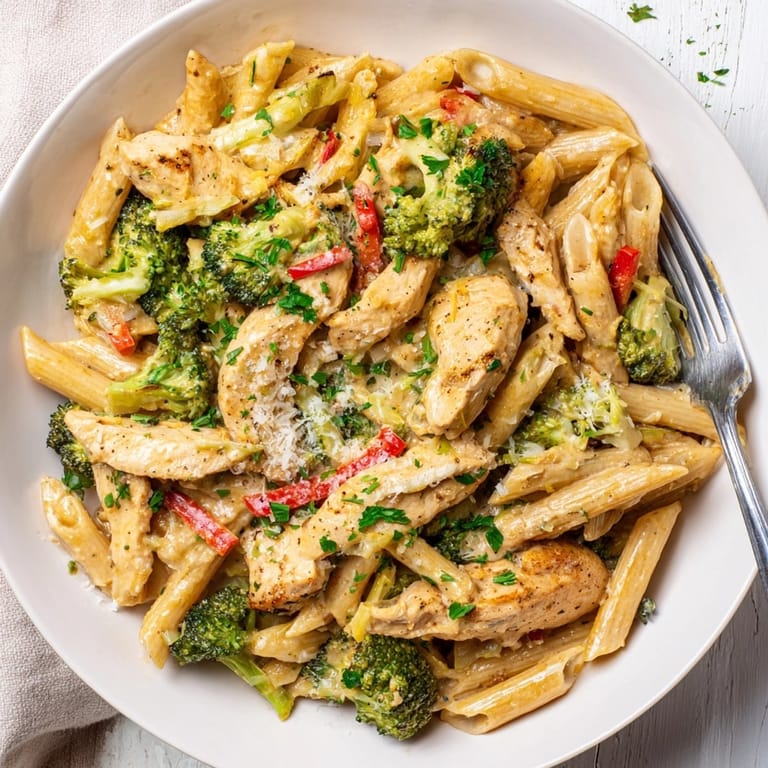 Spicy Cajun Chicken Broccoli Pasta Skillet, a comforting, cheesy dinner with parsley garnish.